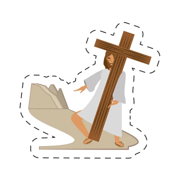 Caricatura jesus christ cumplir con virgen Mary - a través de estación crucis — Vector de stock