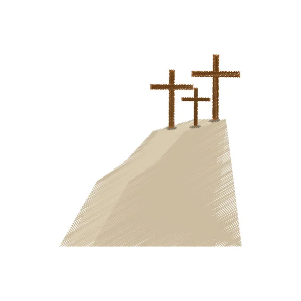 Tekening golgotha heuvel drie kruisen — Stockvector