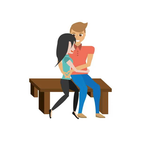 Pareja amor abrazando sentado en banco — Vector de stock
