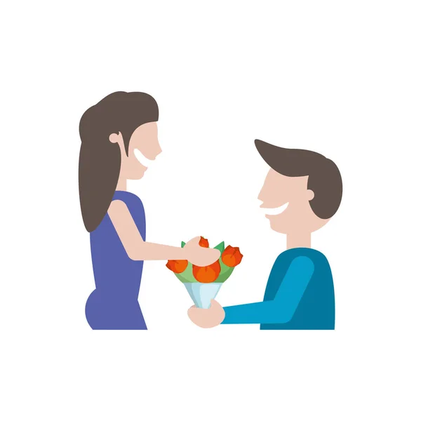Homme donne des fleurs petite amie - couple image romantique — Image vectorielle