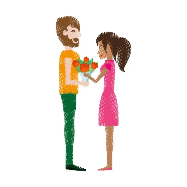 Tekening paar romantische boeket bloemen — Stockvector