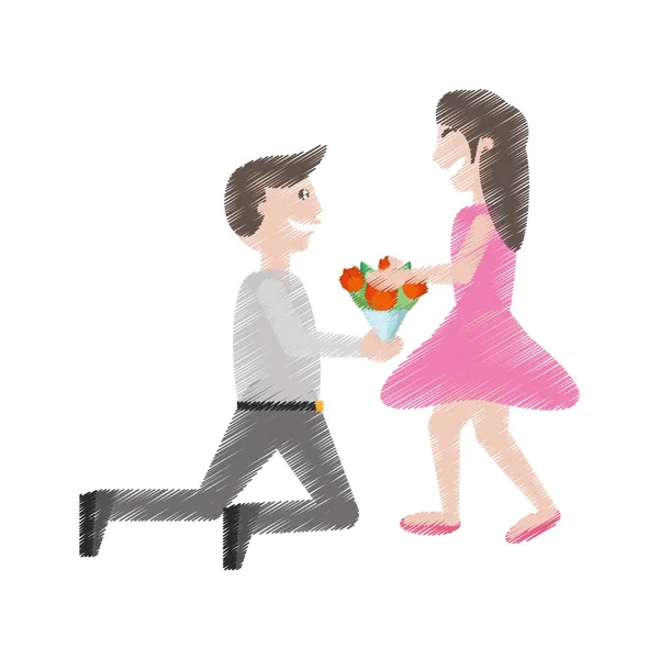 Dibujo pareja romance- hombre de rodillas dar flores chica — Archivo Imágenes Vectoriales