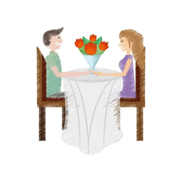 Dibujo pareja amor sentado cena flores — Archivo Imágenes Vectoriales