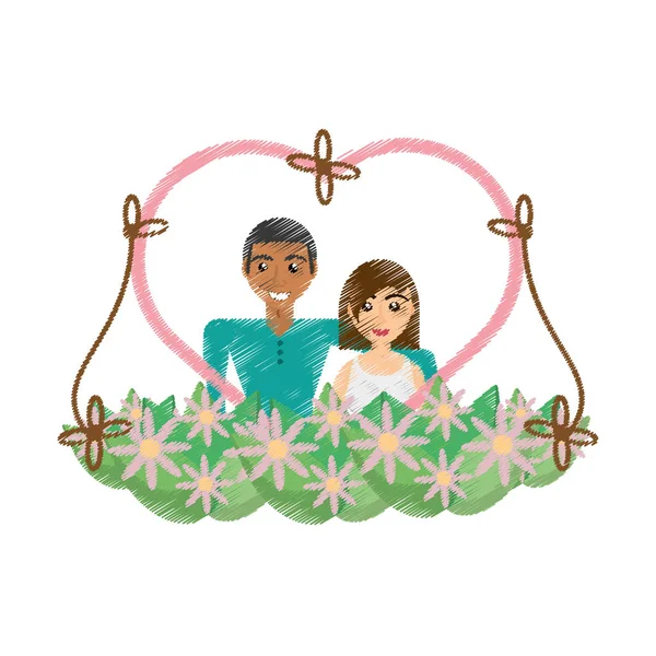 Zeichnung Paar Liebe Herz Blumen Dekoration — Stockvektor