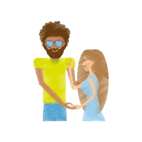 Zeichnung Hipster-Mann mit Frau-Beziehung — Stockvektor
