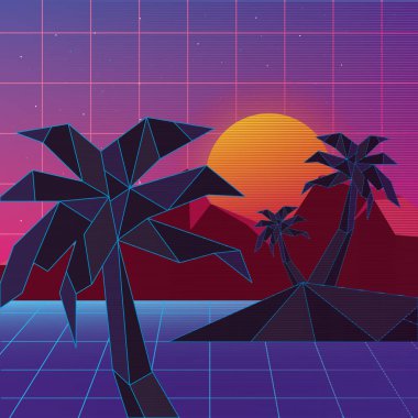 avuç içi ile ada retrowave tasarımı 