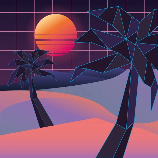Retrowave Design der Insel mit Palmen — Stockvektor