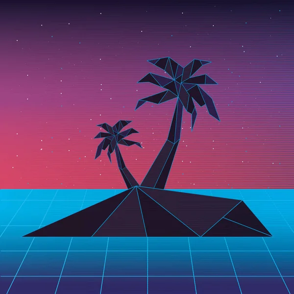 Retrowave ontwerp van eiland met palmbomen — Stockvector