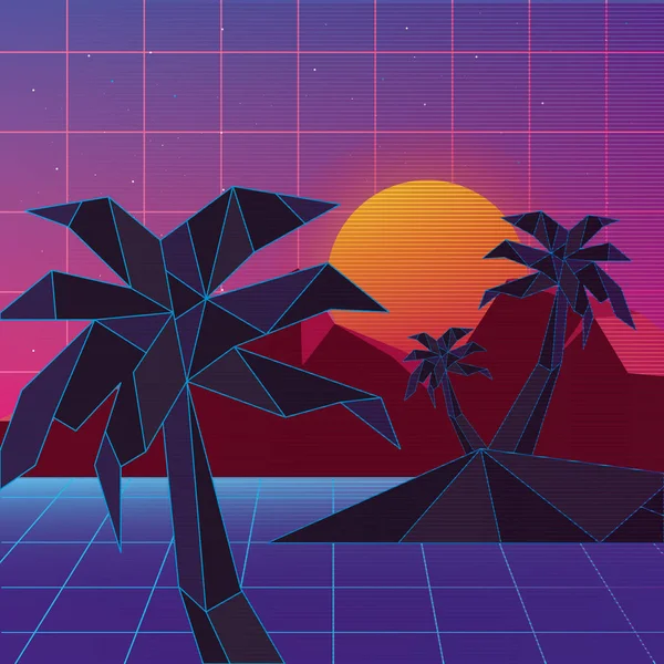 Retrowave konstrukce ostrova s palmami — Stockový vektor