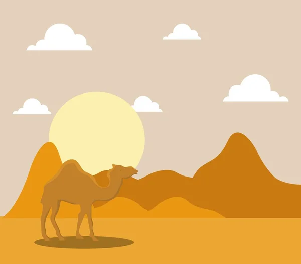 Paisagem de deserto seco com camelos — Vetor de Stock