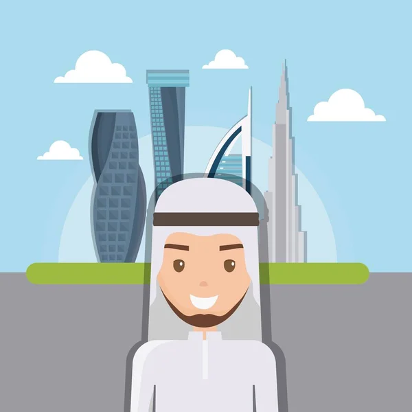 Ciudad de dubai edificio moderno paisaje urbano horizonte con gente árabe — Vector de stock