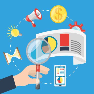 bir büyüteç ve dijital pazarlama farklı simgeler tutan el