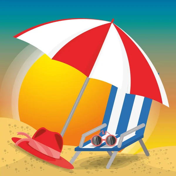 Sombrilla de verano, gafas de sol, silla y sombrero sobre arena con una hermosa playa soleada — Vector de stock