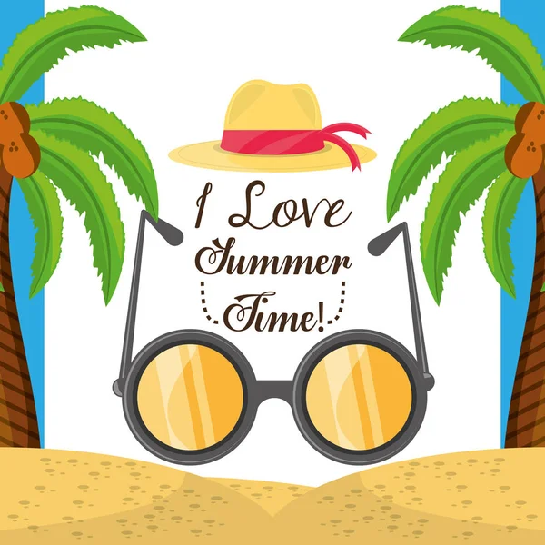 Sombrero de verano y gafas de sol sobre la arena con una hermosa playa soleada — Vector de stock