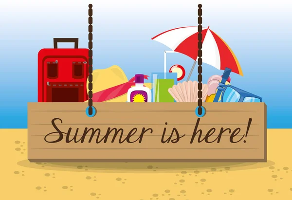 Definir ícone de verão sobre a areia com uma bela praia ensolarada — Vetor de Stock