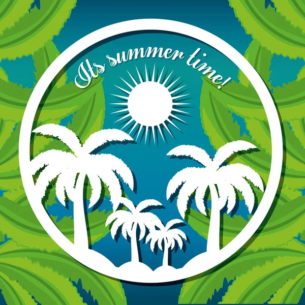 Emblema di palme sopra foglie — Vettoriale Stock