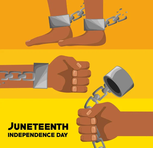 Manos y pies con cadena para celebrar la independencia juneteenth — Vector de stock