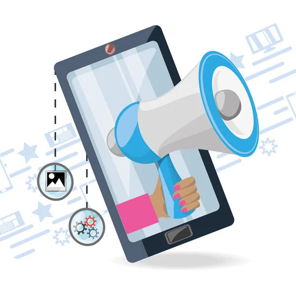Okostelefon, a kéz és a megafon digitális marketing koncepció — Stock Vector