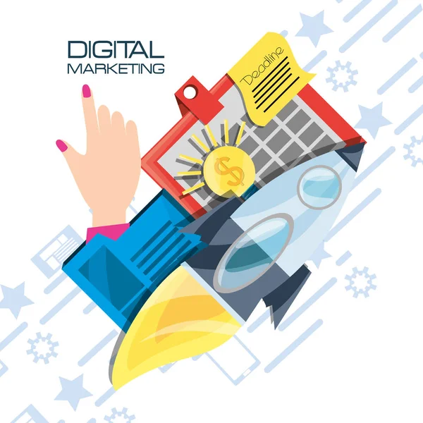 Mano colorida e iconos del marketing digital — Vector de stock