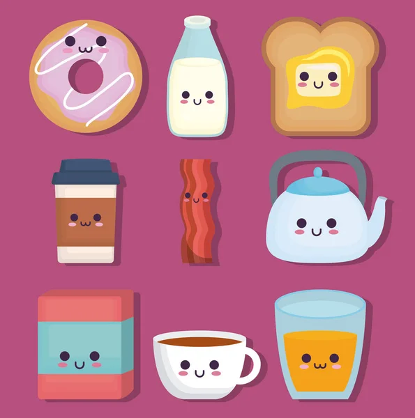 Kawaii desayuno diseño de alimentos — Vector de stock