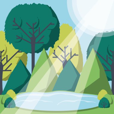 Yeşil orman manzarada girdikten güneş ışık ışınları