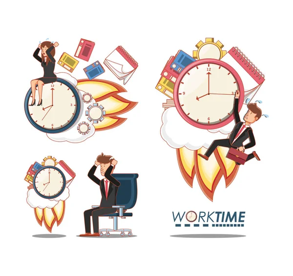 Avatares de empresarios con elementos de tiempo de trabajo — Archivo Imágenes Vectoriales