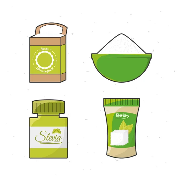 Stevia edulcorante natural hojas y diferentes productos — Vector de stock