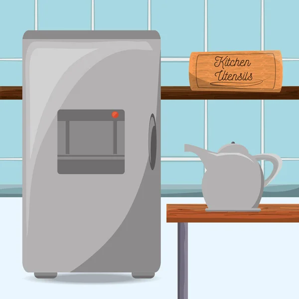 Réfrigérateur appareils plats et théière — Image vectorielle