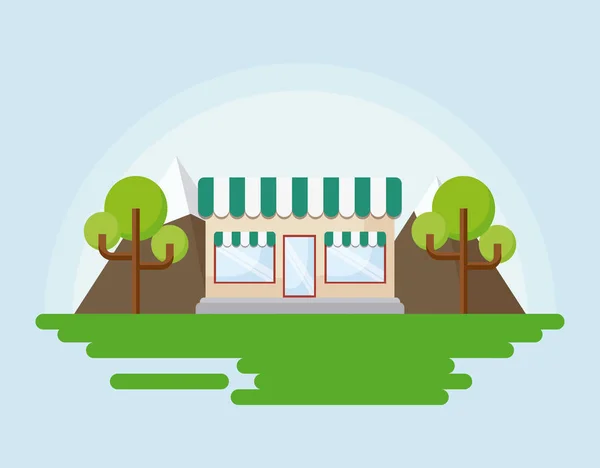 Icono de tienda y árboles — Vector de stock