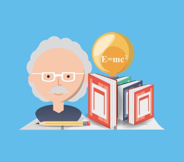 adam öğretmen kimya kitaplar ve ampul ile