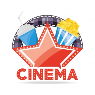 cinema wih soda and popcorn with filmstrip scene clipart