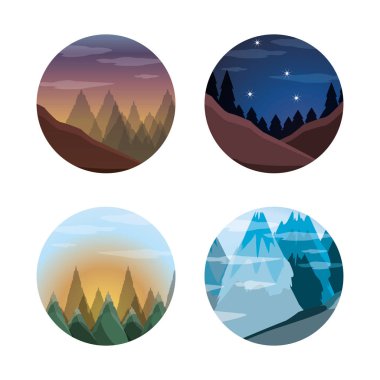 dağlar, yatay ayarla ve çam ağaçları kavramı