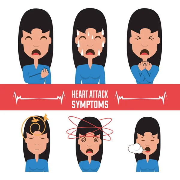 Set woman heart attack symptoms — Stock Vector