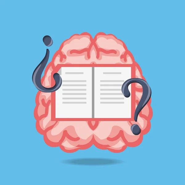 Cerebro con libro y preguntas símbolos — Vector de stock