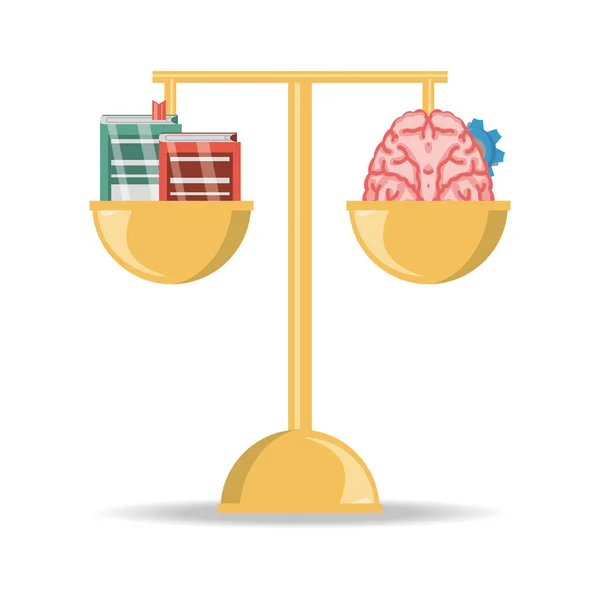 Equilibrio con libros y cerebro con conocimiento de engranajes — Vector de stock