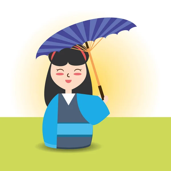 Mujer con kimono y paraguas decoración desgn — Vector de stock
