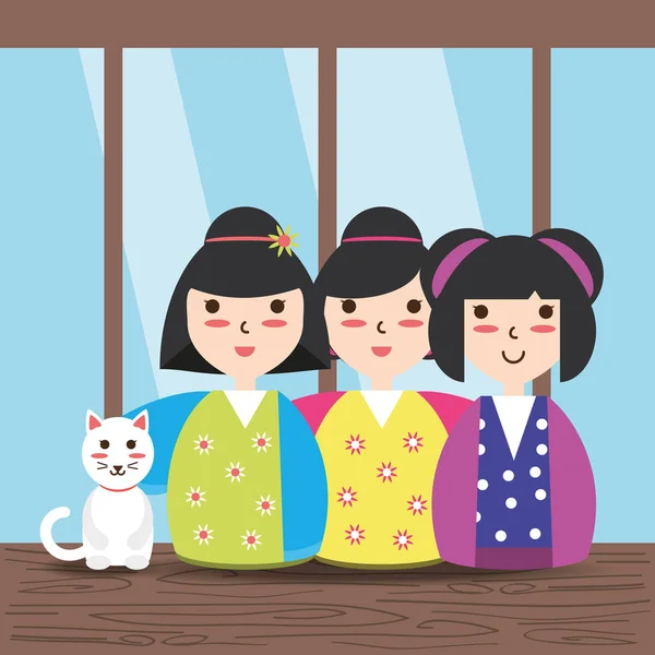 着物と猫と美しさの日本女性 — ストックベクタ