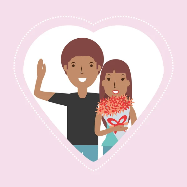 Pareja amante con romántico ramo de flores — Vector de stock