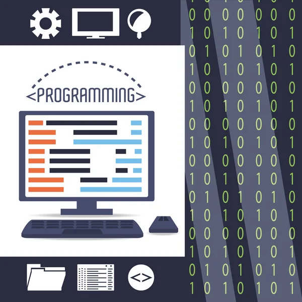 Computer con codifica programmig sullo schermo — Vettoriale Stock