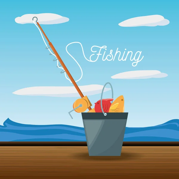 Emmer met vis en rod — Stockvector
