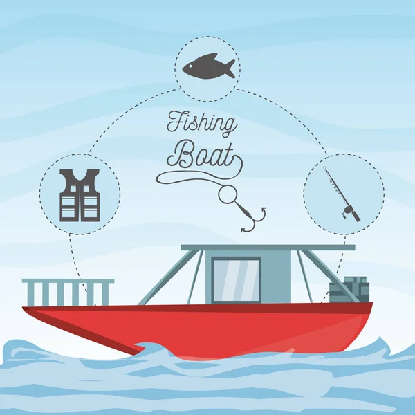Barco sobre o mar com equipamento de pesca — Vetor de Stock