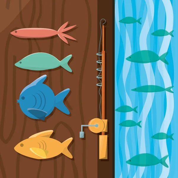Fisk och rod över trä och havet — Stock vektor