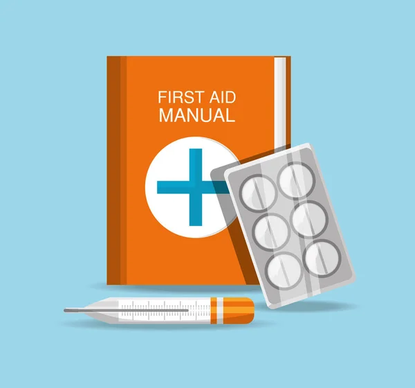 Manuale di pronto soccorso con pillole e termometro — Vettoriale Stock