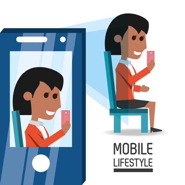 Femme avec smartphone dans la main prise de photo selfie — Image vectorielle