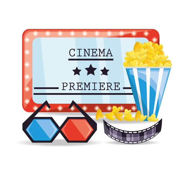 Biglietto del cinema con popcorn e bicchieri 3d — Vettoriale Stock