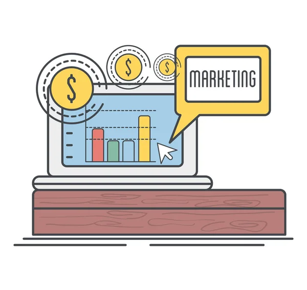 Laptop mit Statistik und Münzen zum Marketing-Geschäft — Stockvektor