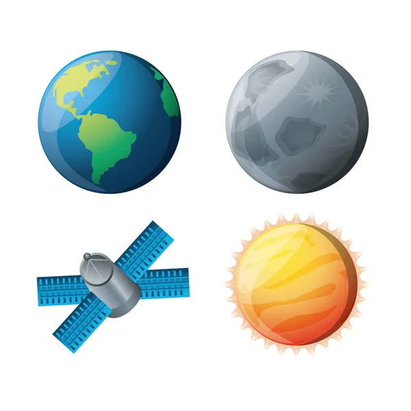 Set planeten met natuurwetenschappen en technologie satellieten — Stockvector