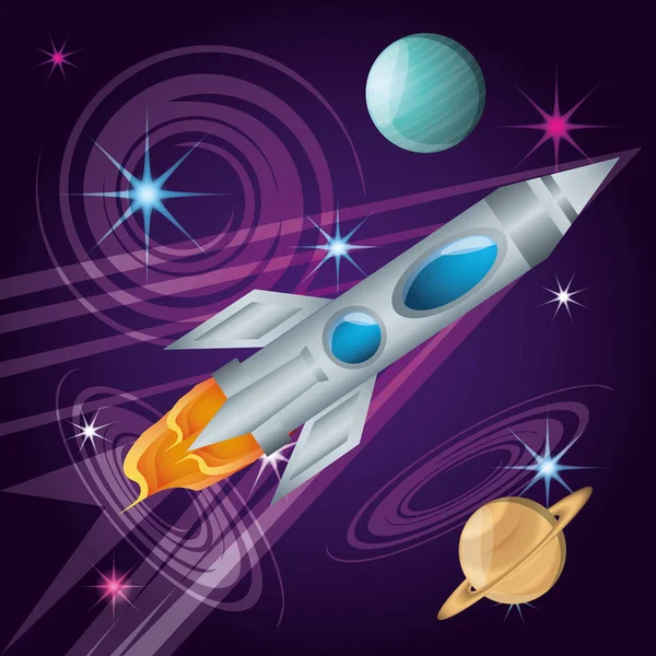 Rocket with planets in the universe atmosphere — Stock Vector