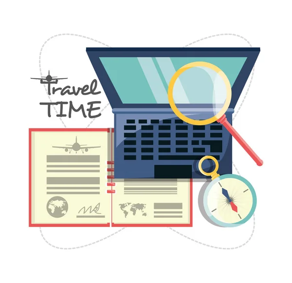 Ноутбук с паспортом и лупой и компасом — стоковый вектор