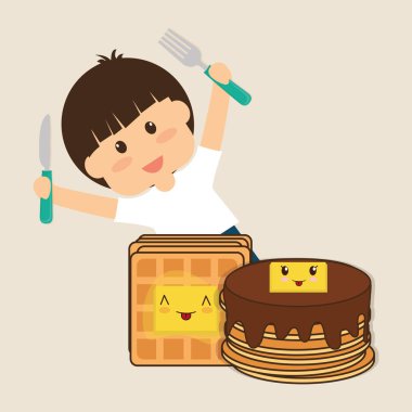 Kahvaltı çatal ve bıçak tutarak hapy çocuk